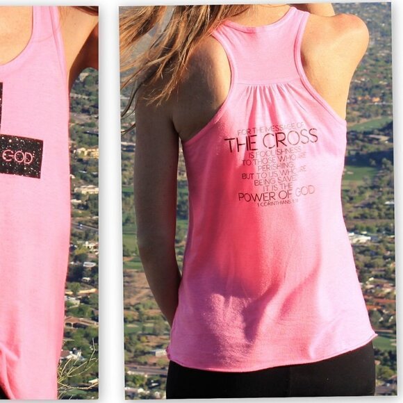 Women Bella Pink Black Glitter Cross Power of God 1 Corinthians 1:18 Tank Top XL - Picture 4 of 4